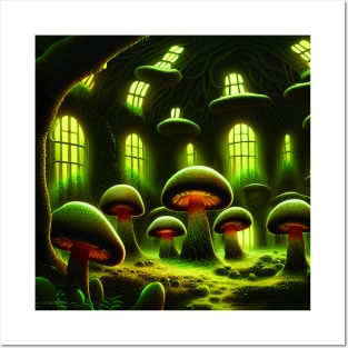 Magical Building Cottage Mushroom House with Lights in Forest with High Trees, Scenery Nature Posters and Art